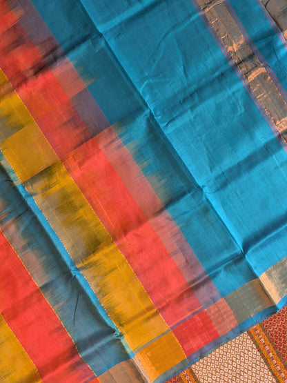 Paturu Ikkat 3 Colour Saree- Blue, Orange, Yellow