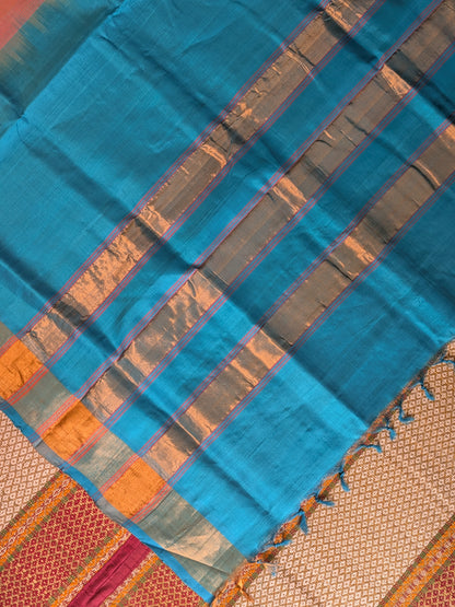 Paturu Ikkat 3 Colour Saree- Blue, Orange, Yellow