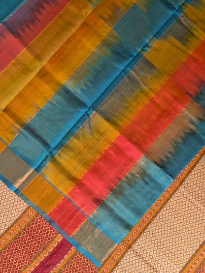 Paturu Ikkat 3 Colour Saree- Blue, Orange, Yellow