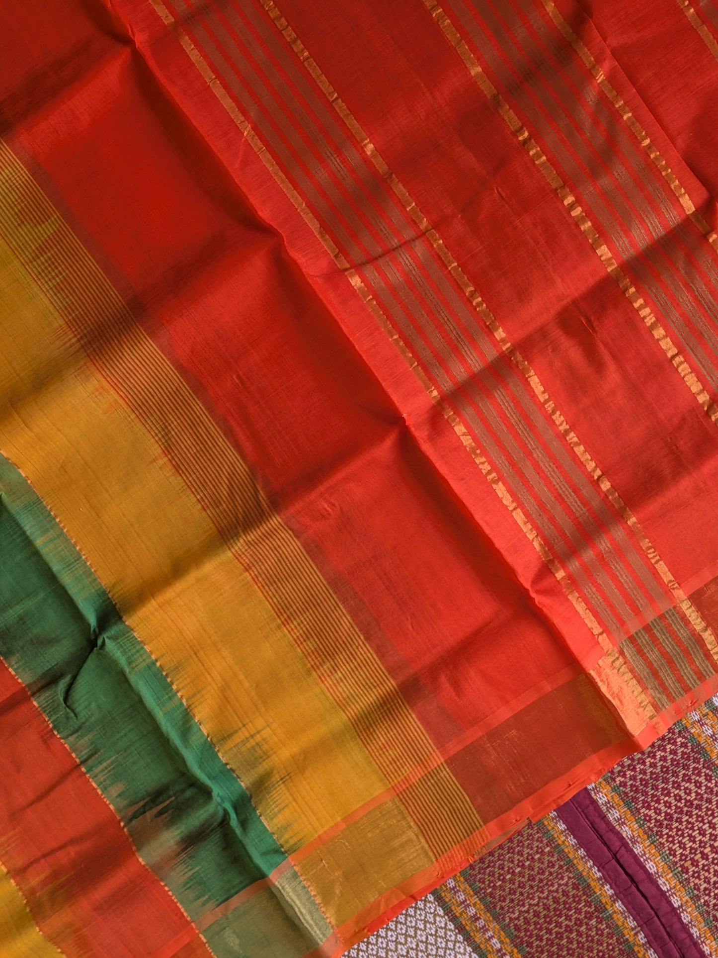 Paturu Ikkat 3 Colour Saree- Orange, Green, Yellow