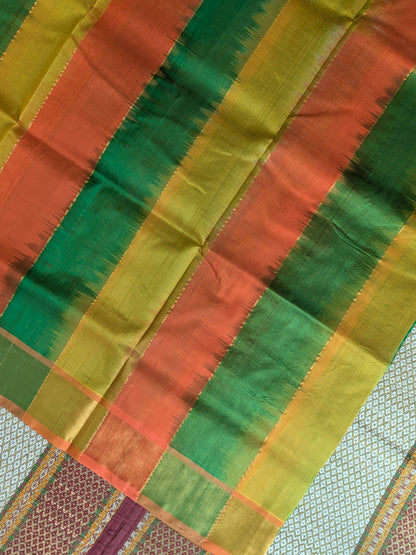 Paturu Ikkat 3 Colour Saree- Orange, Green, Yellow
