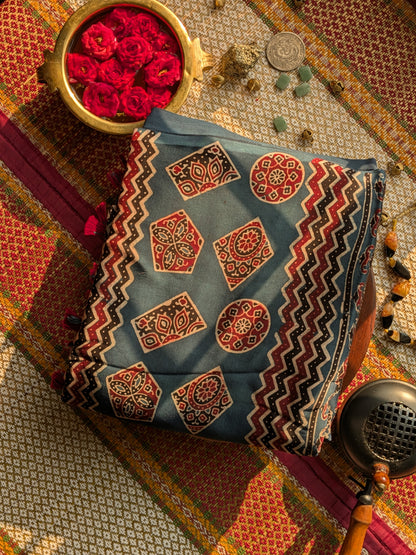 Ajrakh Modal Saree- Blue