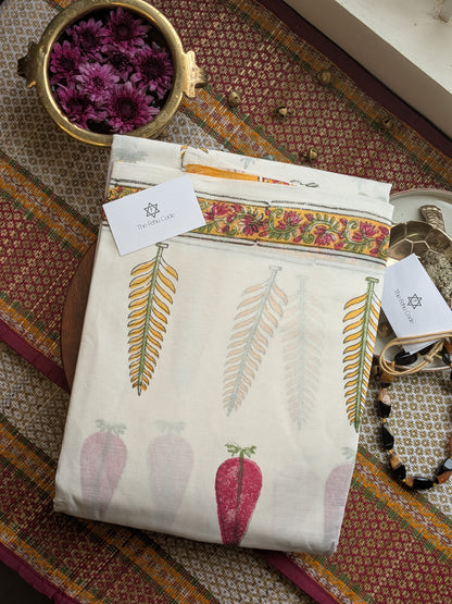 Bagru Hand Block Cotton Saree- White Floral