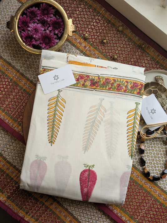 Bagru Hand Block Cotton Saree- White Floral