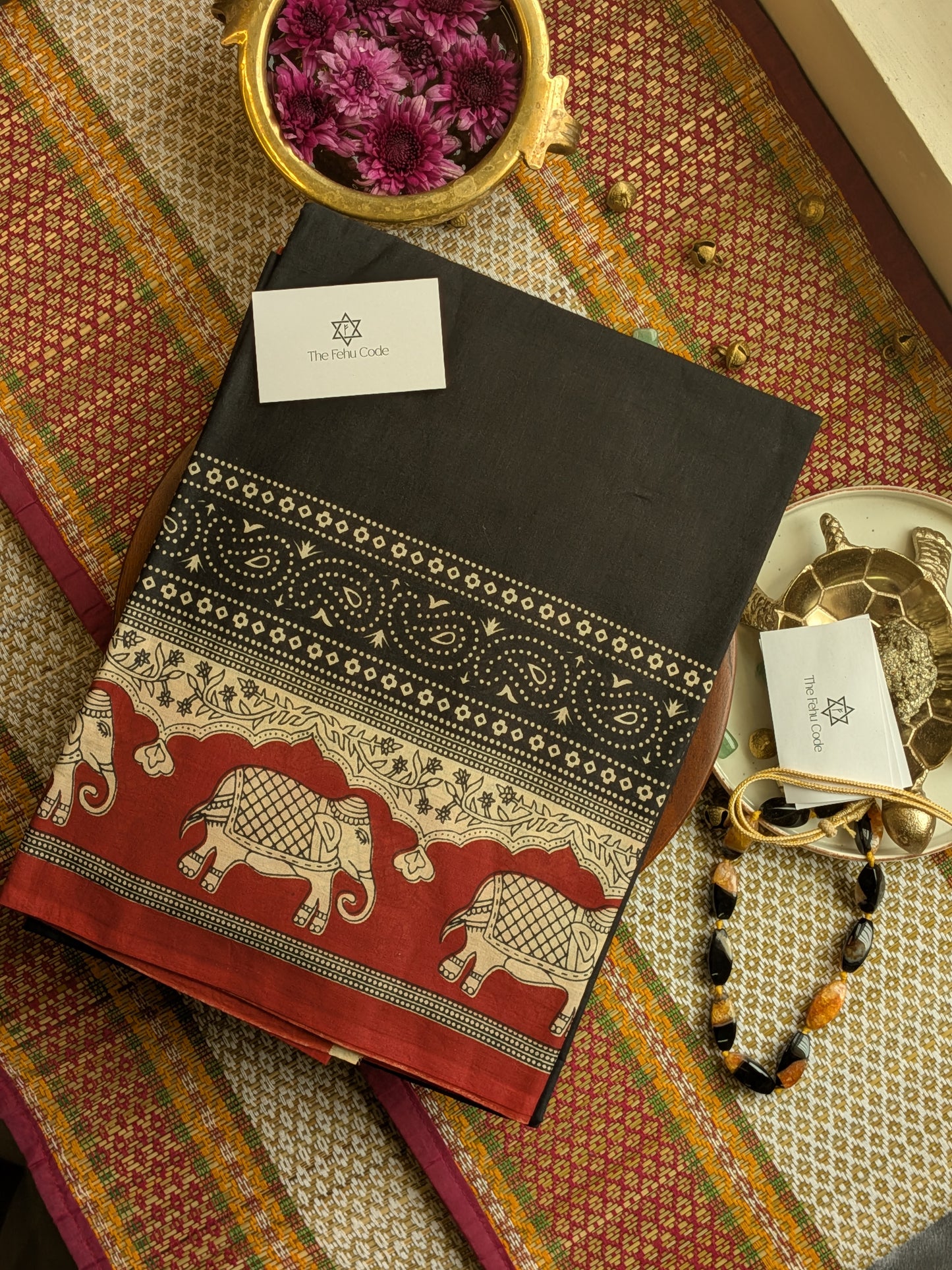 Bagru Hand Block Cotton Saree- Elephant Border
