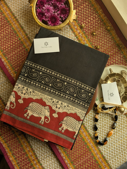 Bagru Hand Block Cotton Saree- Elephant Border