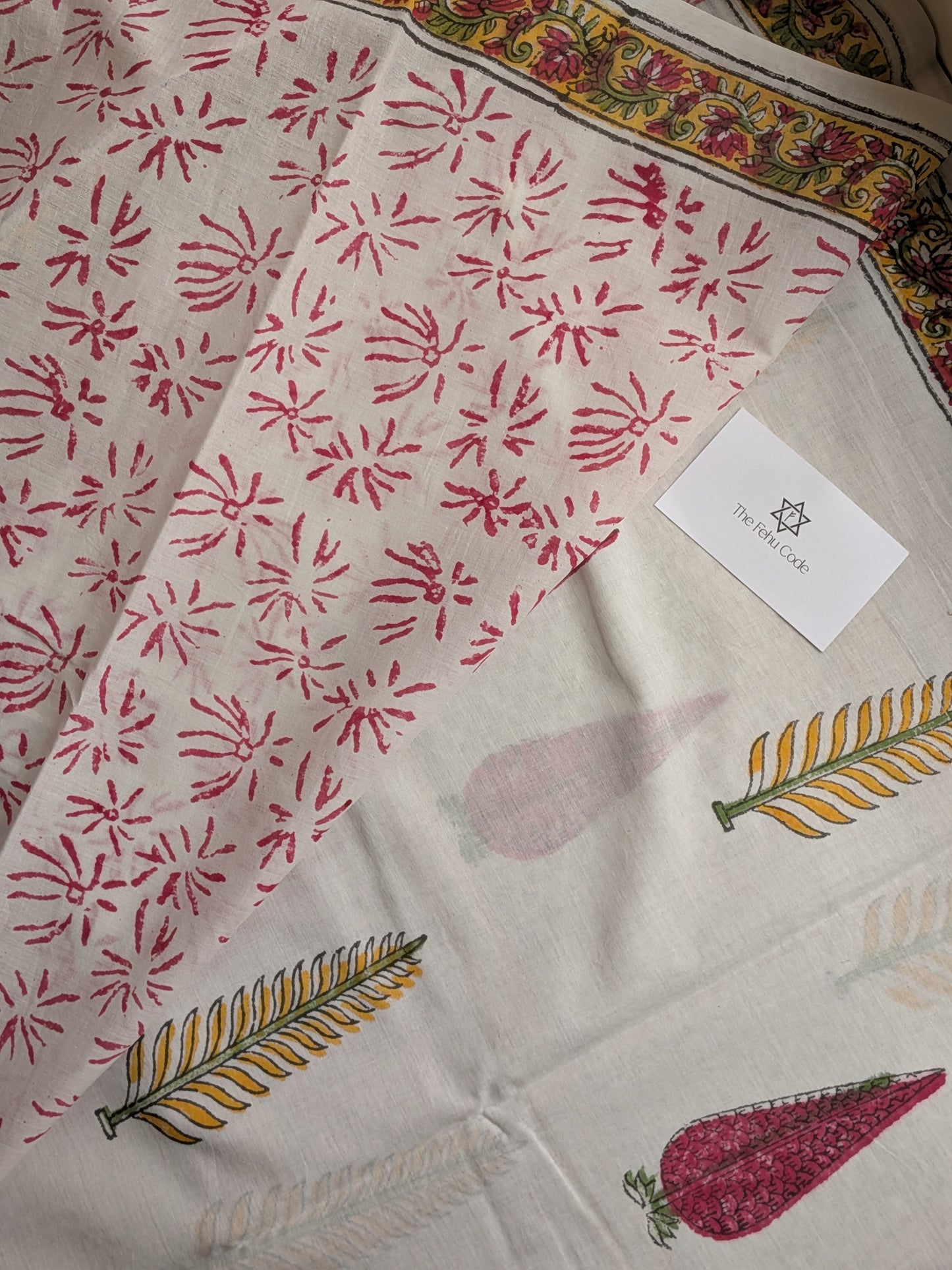 Bagru Hand Block Cotton Saree- White Floral
