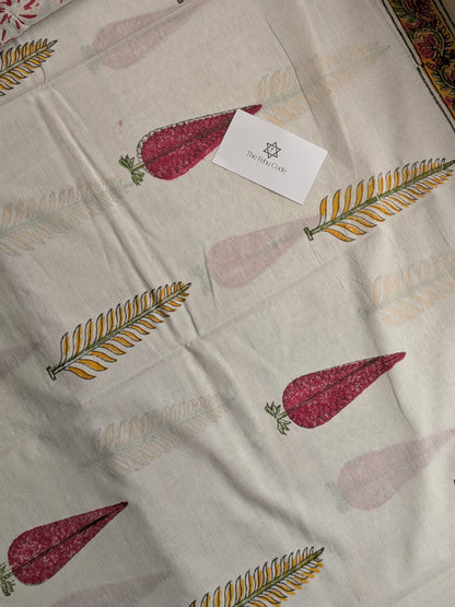 Bagru Hand Block Cotton Saree- White Floral