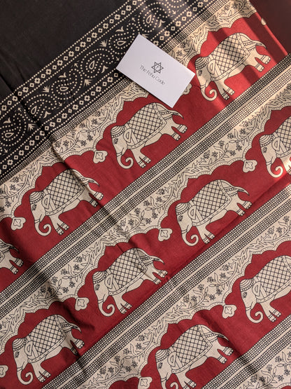 Bagru Hand Block Cotton Saree- Elephant Border