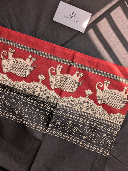 Bagru Hand Block Cotton Saree- Elephant Border