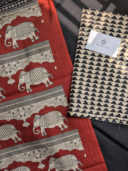 Bagru Hand Block Cotton Saree- Elephant Border
