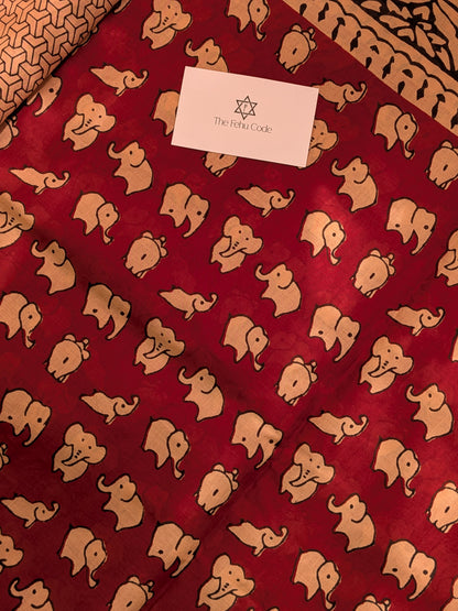 Bagru Hand Block Cotton Saree- Elephant
