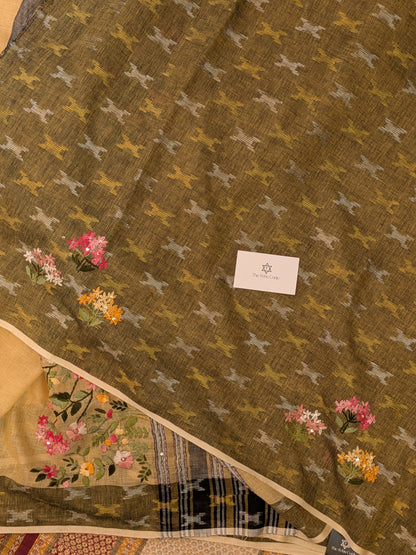 Tissue Lenin Ikkat Border- Yellow