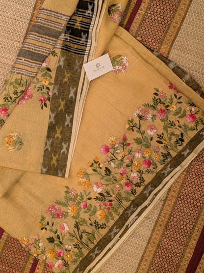 Tissue Lenin Ikkat Border- Yellow