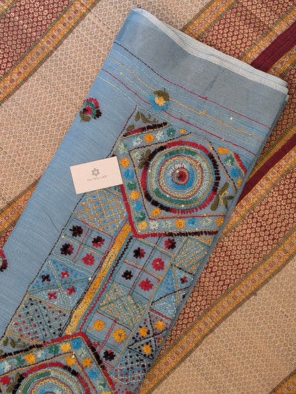 Tissue Linen Lambadi Embroidery Saree- Sky Blue