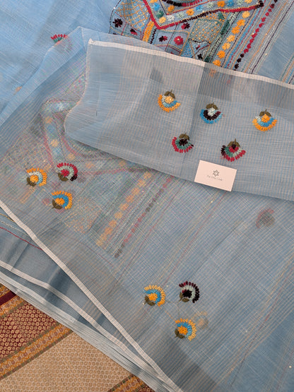 Tissue Linen Lambadi Embroidery Saree- Sky Blue