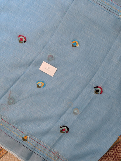 Tissue Linen Lambadi Embroidery Saree- Sky Blue