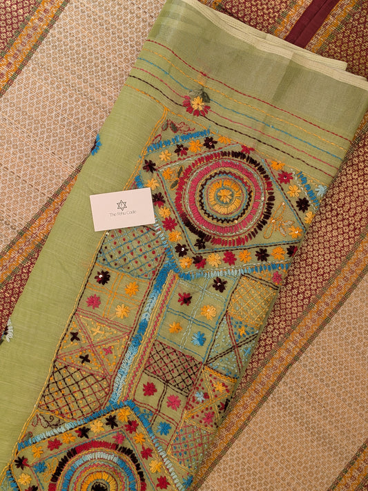 Tissue Linen Lambadi Embroidery Saree- Pista Green