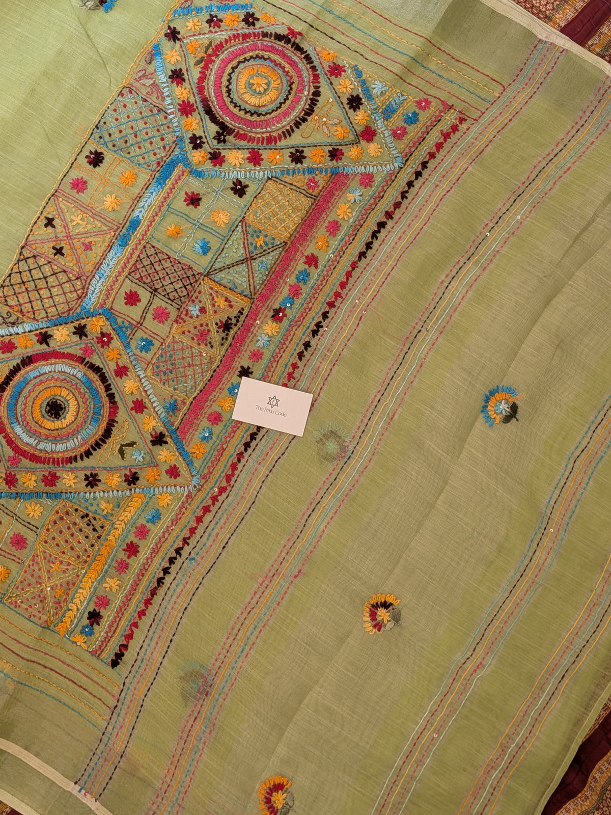 Tissue Linen Lambadi Embroidery Saree- Pista Green