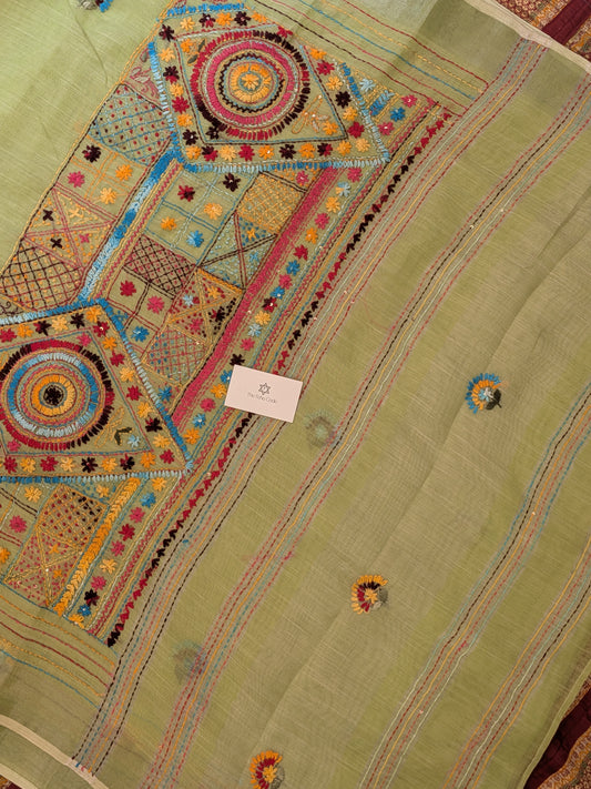 Tissue Linen Lambadi Embroidery Saree- Pista Green