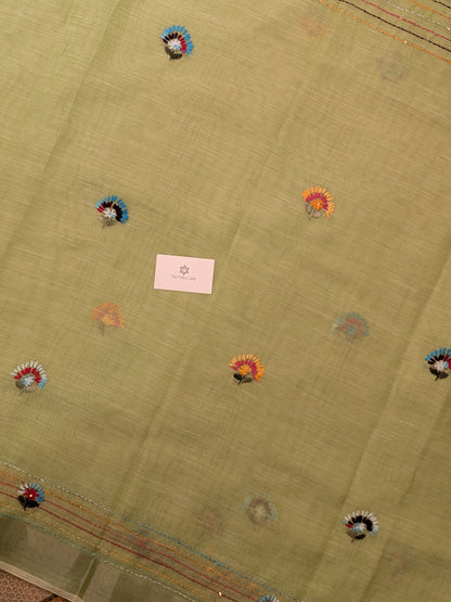 Tissue Linen Lambadi Embroidery Saree- Pista Green