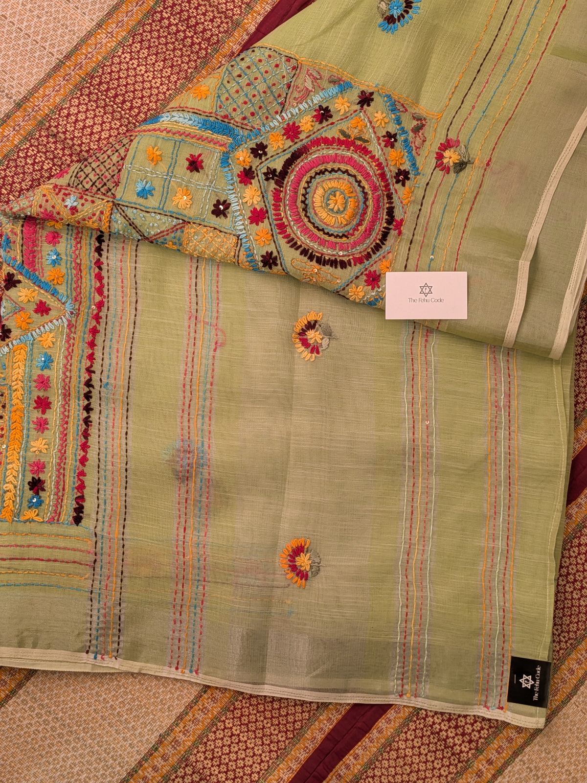 Tissue Linen Lambadi Embroidery Saree- Pista Green