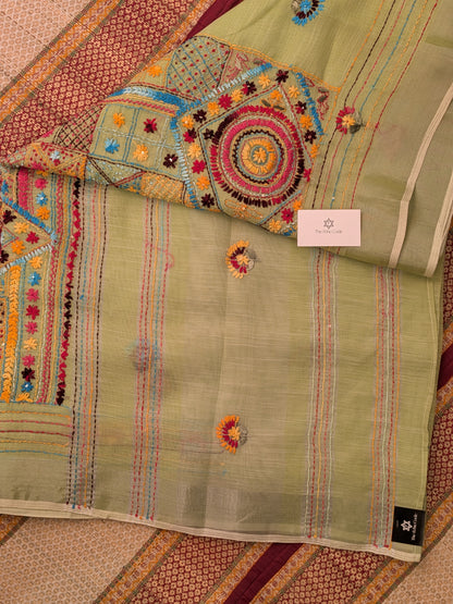 Tissue Linen Lambadi Embroidery Saree- Pista Green