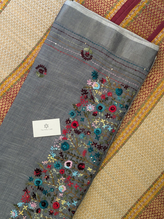 Tissue Linen Embroidery Saree- Grey
