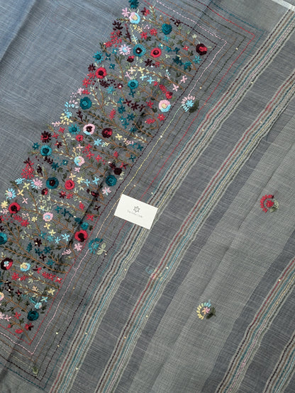 Tissue Linen Embroidery Saree- Grey