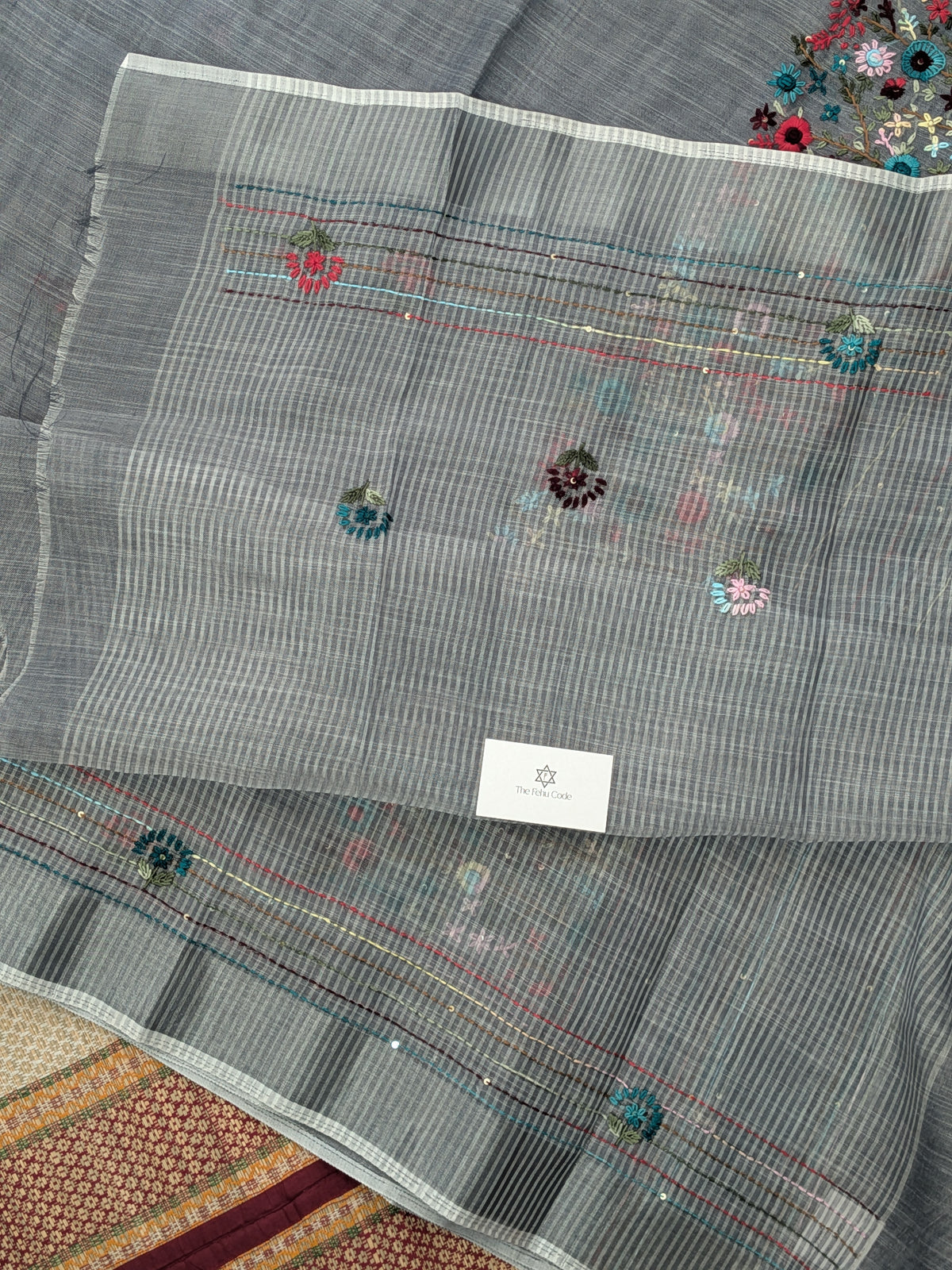 Tissue Linen Embroidery Saree- Grey