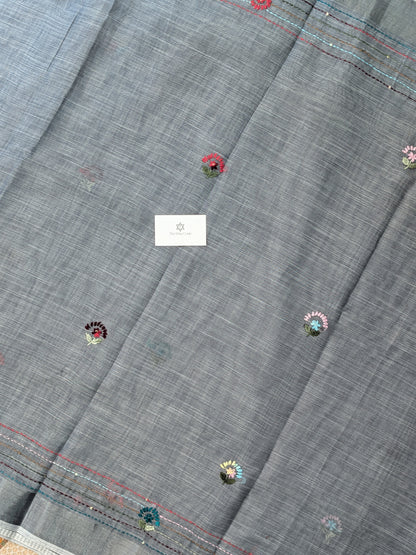 Tissue Linen Embroidery Saree- Grey