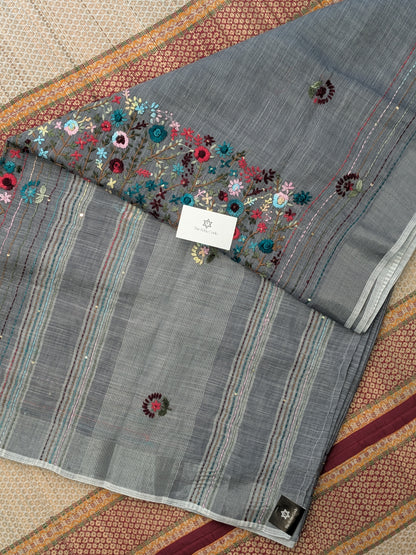 Tissue Linen Embroidery Saree- Grey