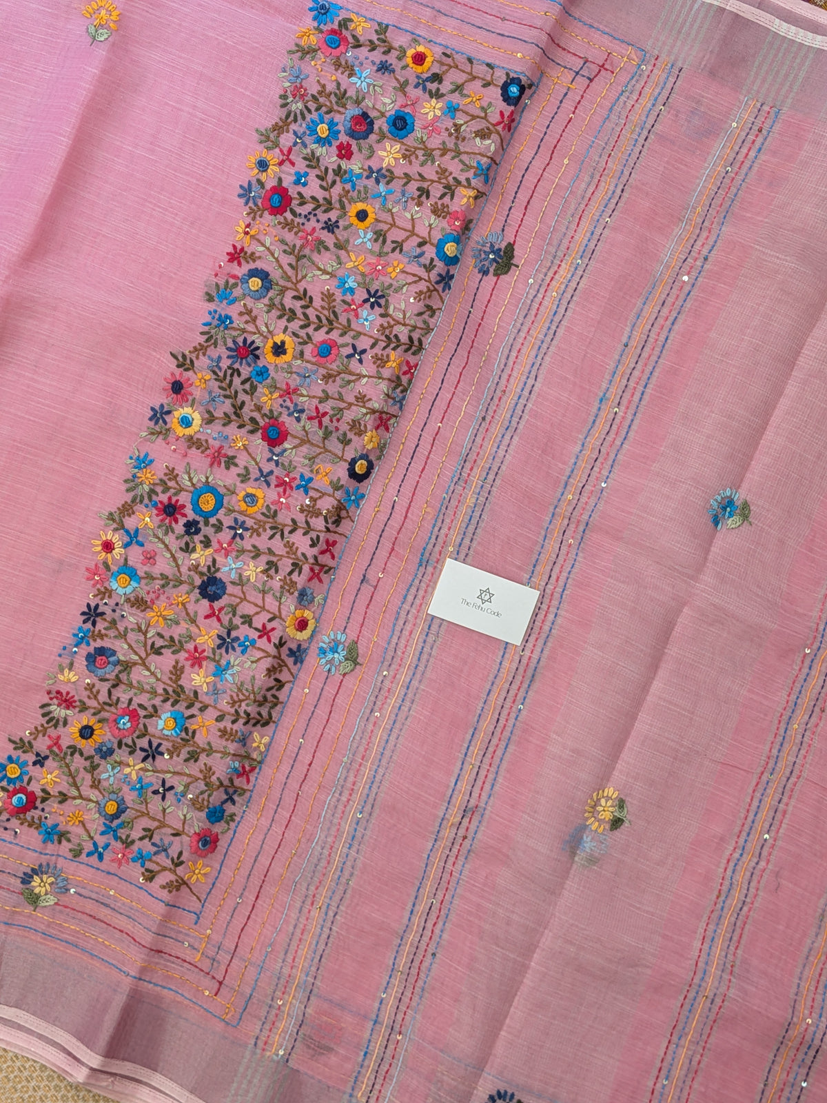 Tissue Linen Embroidery Saree- Pink