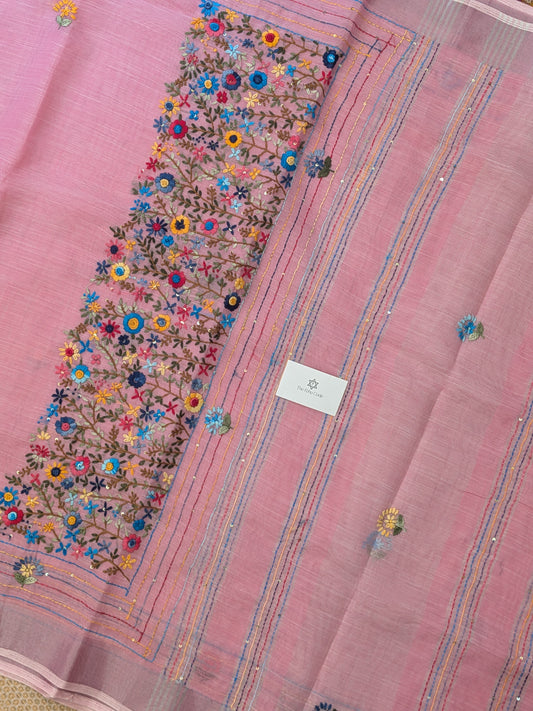 Tissue Linen Embroidery Saree- Pink