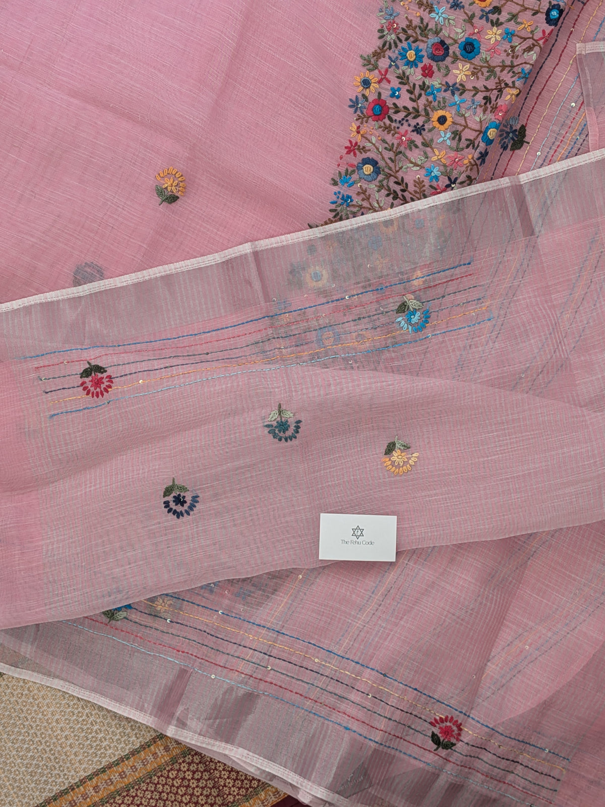 Tissue Linen Embroidery Saree- Pink