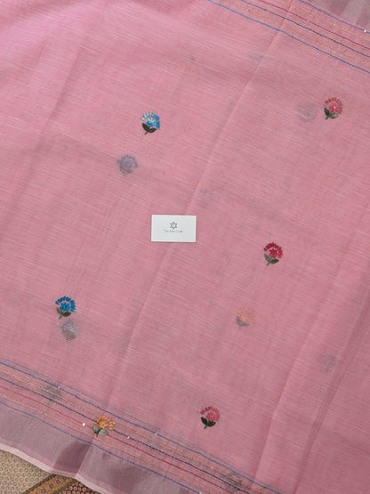 Tissue Linen Embroidery Saree- Pink