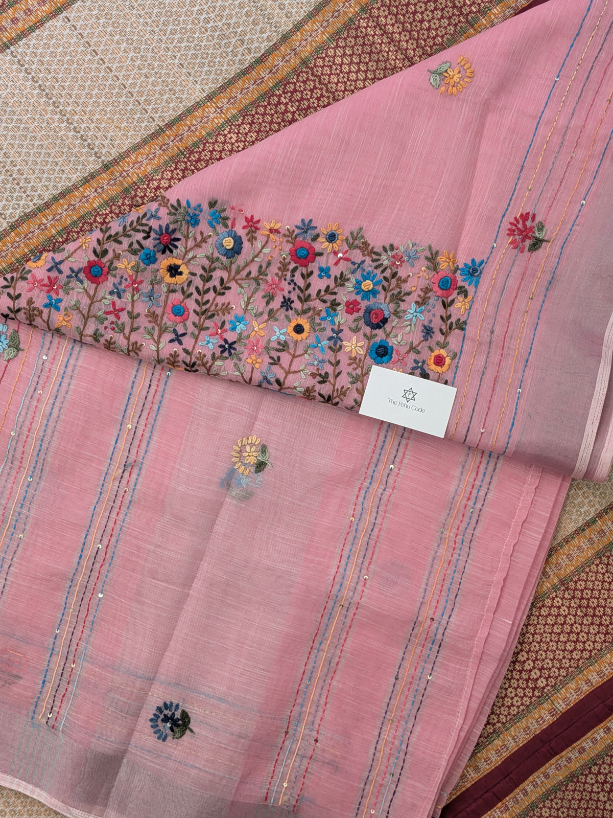 Tissue Linen Embroidery Saree- Pink