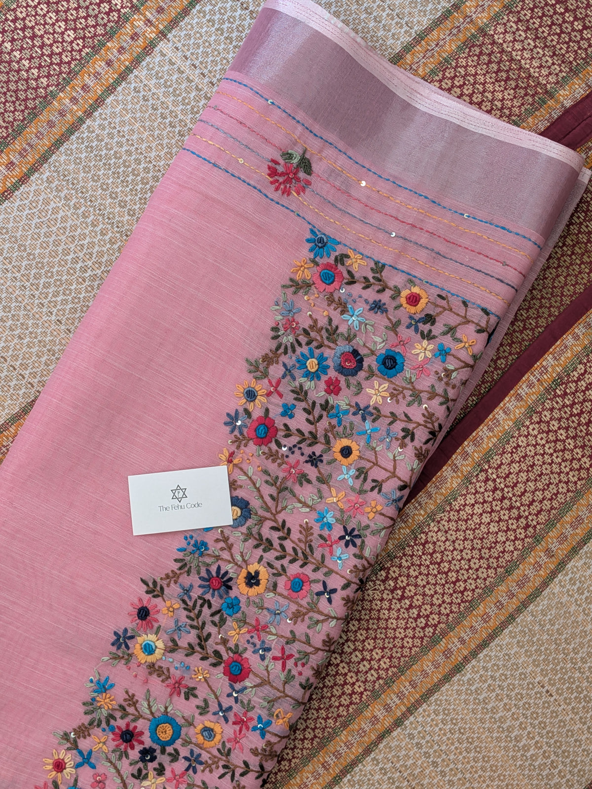 Tissue Linen Embroidery Saree- Pink