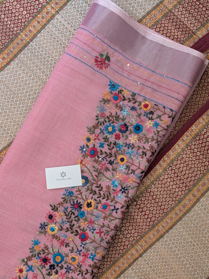 Tissue Linen Embroidery Saree- Pink