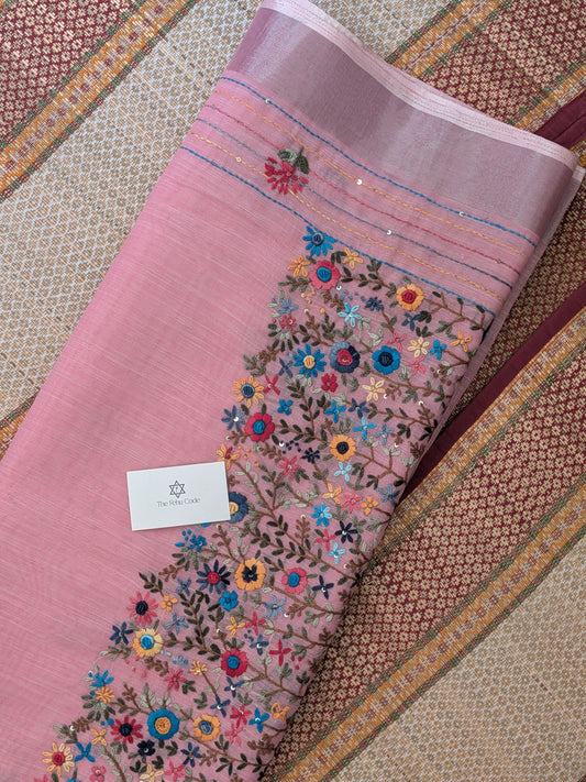 Tissue Linen Embroidery Saree- Pink