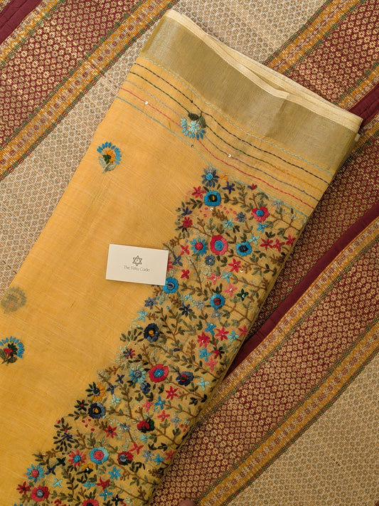 Tissue Linen Embroidery Saree- Yellow