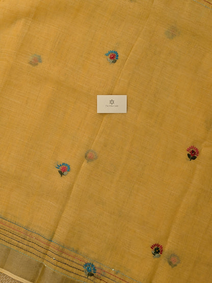 Tissue Linen Embroidery Saree- Yellow