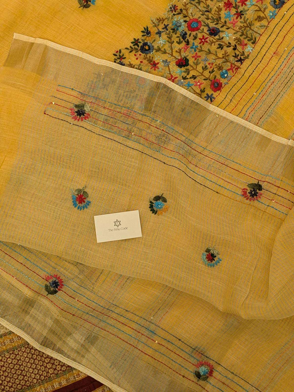 Tissue Linen Embroidery Saree- Yellow
