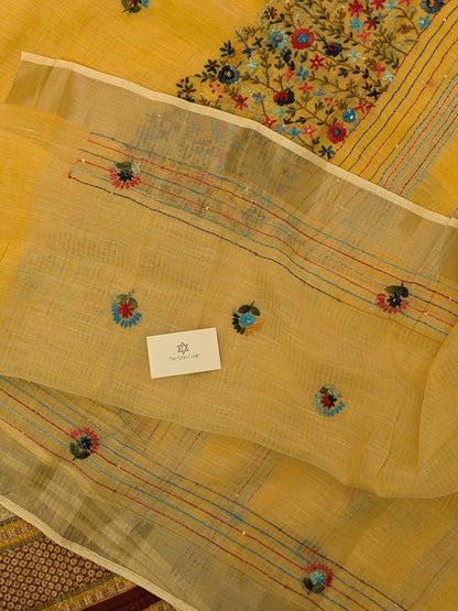 Tissue Linen Embroidery Saree- Yellow