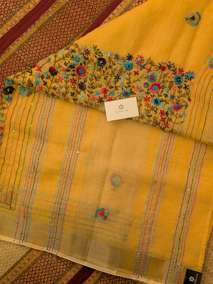 Tissue Linen Embroidery Saree- Yellow