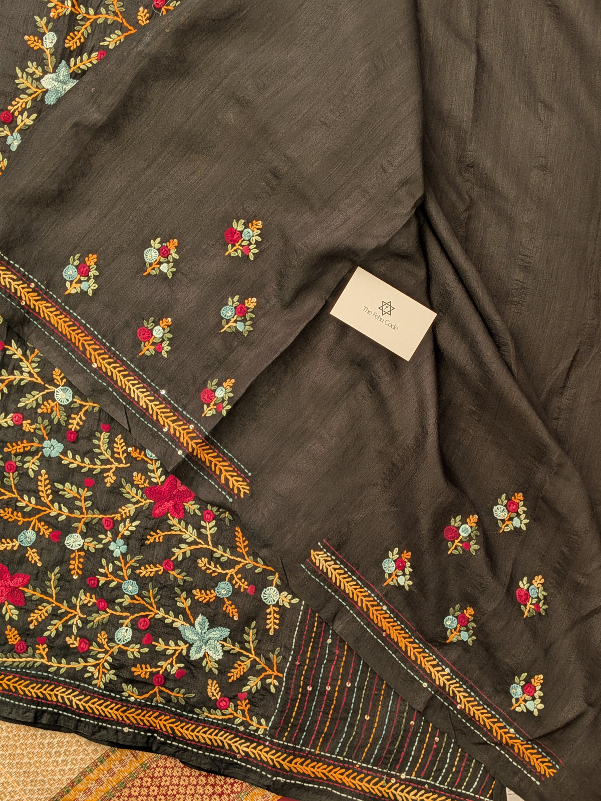 Tussar Embroidery Heavy Pallu Saree- Black