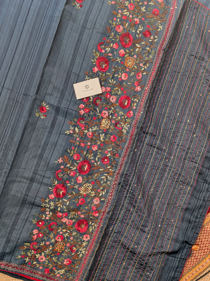 Tussar Embroidery Saree- Grey