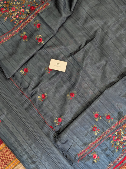 Tussar Embroidery Saree- Grey