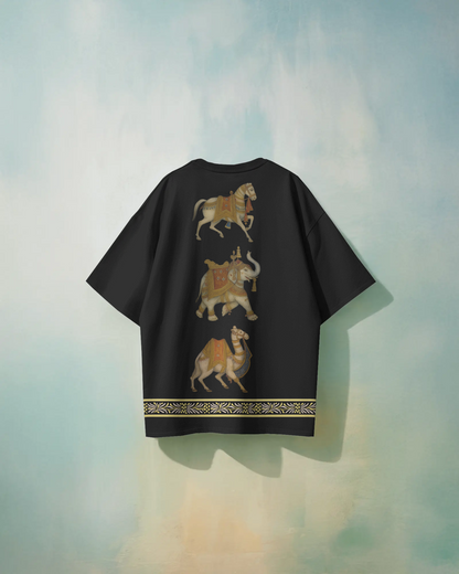 Royal Oversized Black T-Shirt – Horse, Elephant & Camel Art