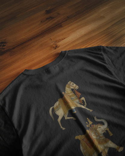 Royal Oversized Black T-Shirt – Horse, Elephant & Camel Art
